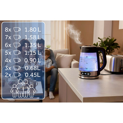 Elkedel i glas 1,8 l, op til 2200 W med temperaturregulering, berøringsdisplay og LED-lys