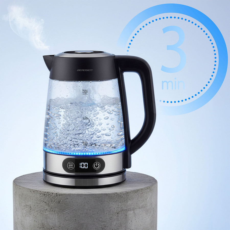 Elkedel i glas 1,8 l, op til 2200 W med temperaturregulering, berøringsdisplay og LED-lys