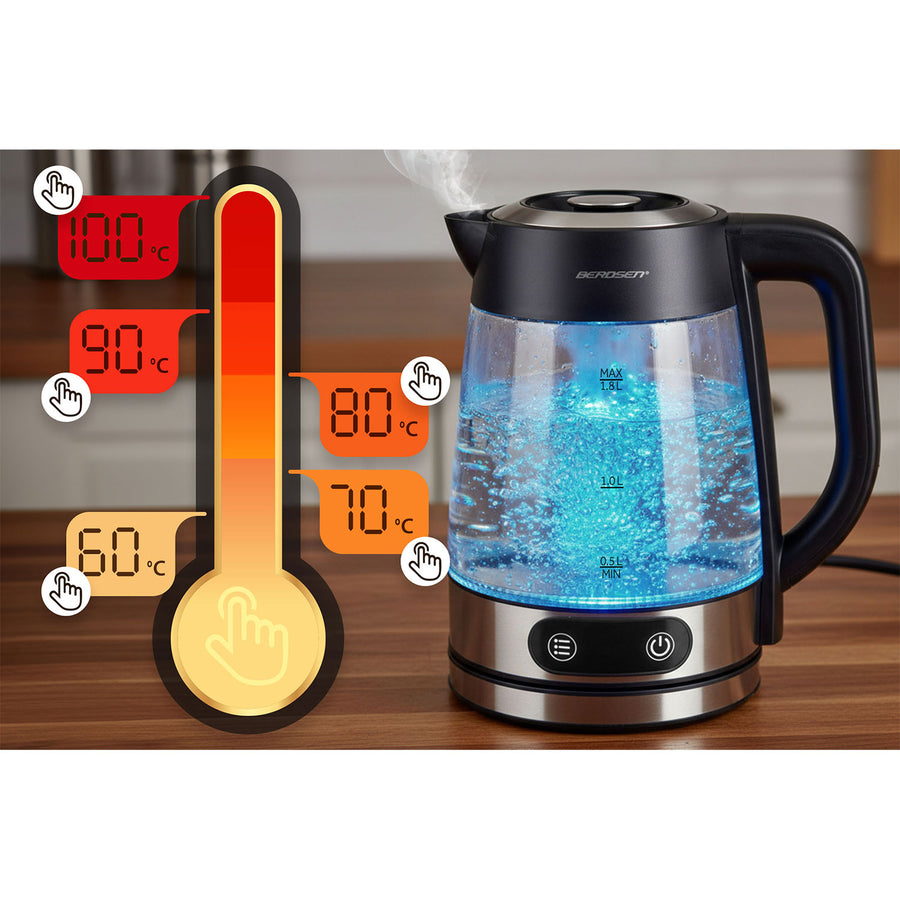 Elkedel i glas 1,8 l, op til 2200 W med temperaturregulering, berøringsdisplay og LED-lys