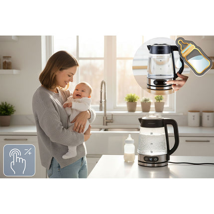 Elkedel i glas 1,8 l, op til 2200 W med temperaturregulering, berøringsdisplay og LED-lys