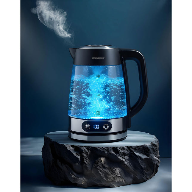Elkedel i glas 1,8 l, op til 2200 W med temperaturregulering, berøringsdisplay og LED-lys