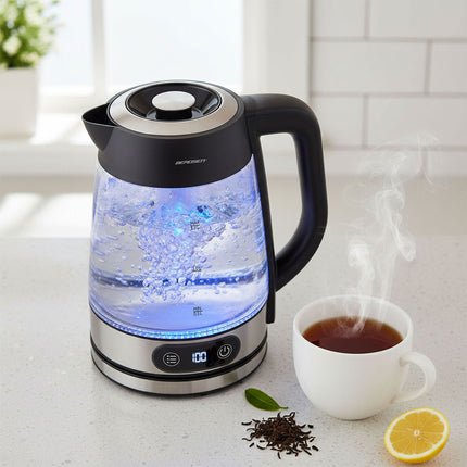 Elkedel i glas 1,8 l, op til 2200 W med temperaturregulering, berøringsdisplay og LED-lys
