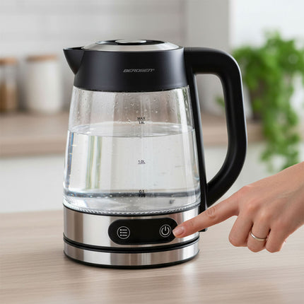 Elkedel i glas 1,8 l, op til 2200 W med temperaturregulering, berøringsdisplay og LED-lys