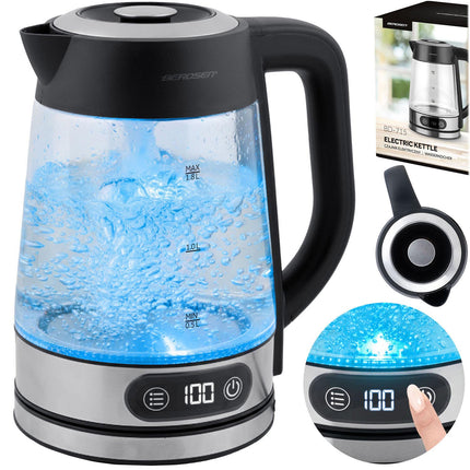 Elkedel i glas 1,8 l, op til 2200 W med temperaturregulering, berøringsdisplay og LED-lys