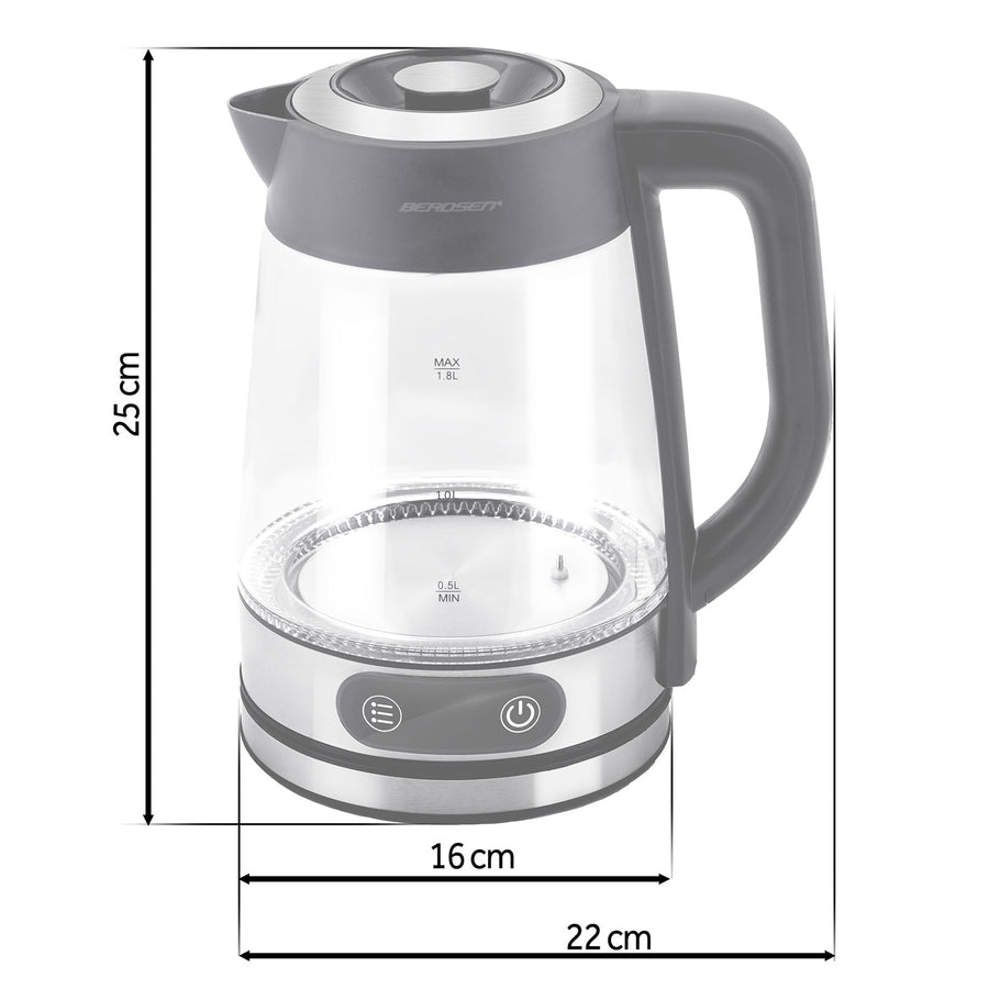 Elkedel i glas 1,8 l, op til 2200 W med temperaturregulering, berøringsdisplay og LED-lys