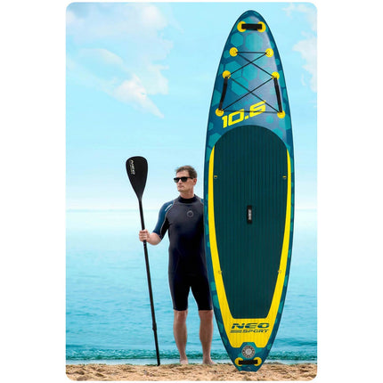 Oppusteligt SUP-board 320 x 84 x 15 cm med pagaj, pumpe, leash og rygsæk – mørkeblå/gul