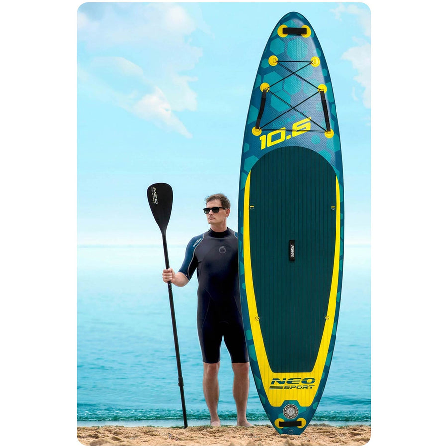 Oppusteligt SUP-board 320 x 84 x 15 cm med pagaj, pumpe, leash og rygsæk – mørkeblå/gul
