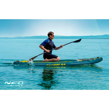 Oppusteligt SUP-board 320 x 84 x 15 cm med pagaj, pumpe, leash og rygsæk – mørkeblå/gul
