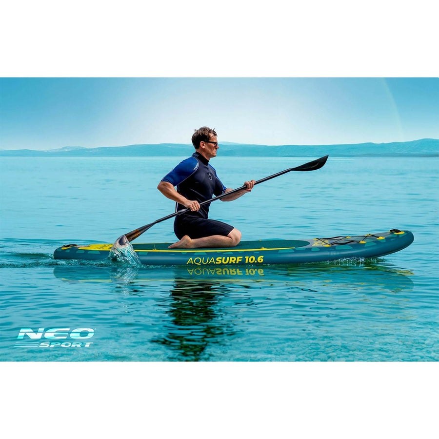 Oppusteligt SUP-board 320 x 84 x 15 cm med pagaj, pumpe, leash og rygsæk – mørkeblå/gul