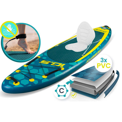 Oppusteligt SUP-board 320 x 84 x 15 cm med pagaj, pumpe, leash og rygsæk – mørkeblå/gul