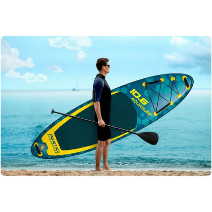 Oppusteligt SUP-board 320 x 84 x 15 cm med pagaj, pumpe, leash og rygsæk – mørkeblå/gul