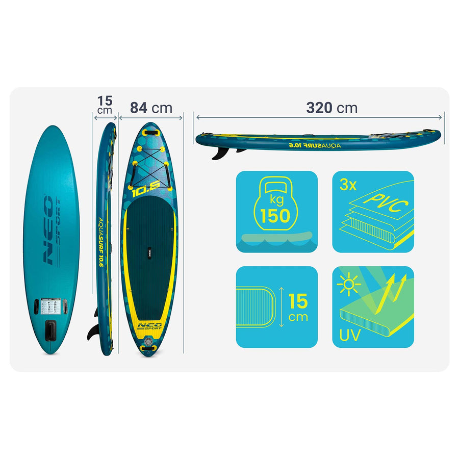 Oppusteligt SUP-board 320 x 84 x 15 cm med pagaj, pumpe, leash og rygsæk – mørkeblå/gul