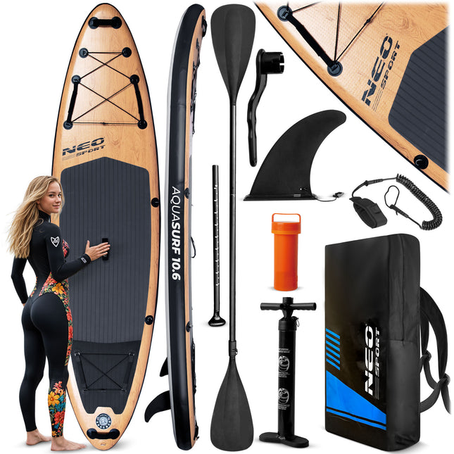 Oppusteligt SUP-board 320 x 84 x 15 cm med pagaj, pumpe, leash og rygsæk – træmønster