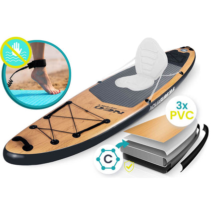 Oppusteligt SUP-board 320 x 84 x 15 cm med pagaj, pumpe, leash og rygsæk – træmønster
