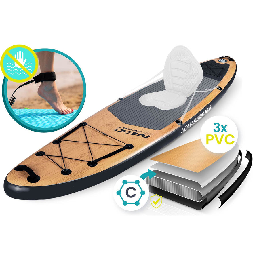 Oppusteligt SUP-board 320 x 84 x 15 cm med pagaj, pumpe, leash og rygsæk – træmønster