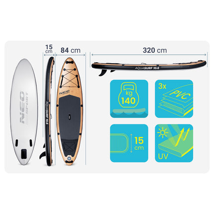 Oppusteligt SUP-board 320 x 84 x 15 cm med pagaj, pumpe, leash og rygsæk – træmønster