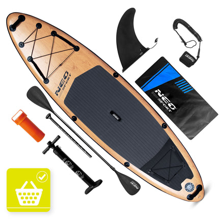 Oppusteligt SUP-board 320 x 84 x 15 cm med pagaj, pumpe, leash og rygsæk – træmønster