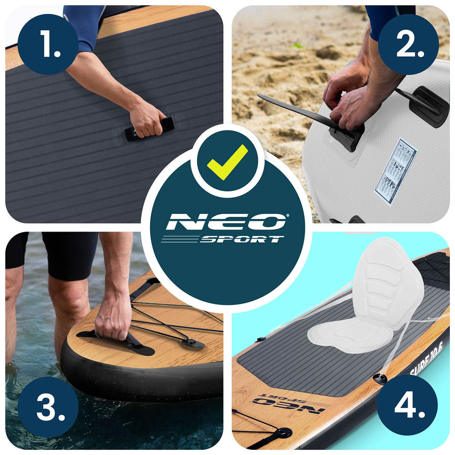 Oppusteligt SUP-board 320 x 84 x 15 cm med pagaj, pumpe, leash og rygsæk – træmønster
