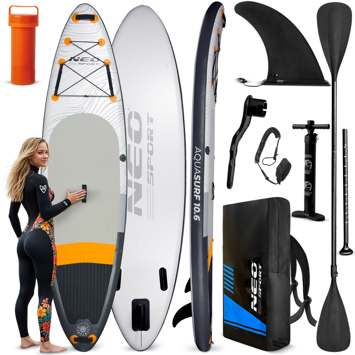 Oppusteligt SUP-board 320 x 84 x 15 cm med pagaj, pumpe, leash og rygsæk – grå/hvid