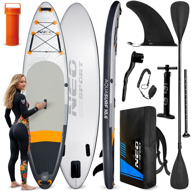 Oppusteligt SUP-board 320 x 84 x 15 cm med pagaj, pumpe, leash og rygsæk – grå/hvid