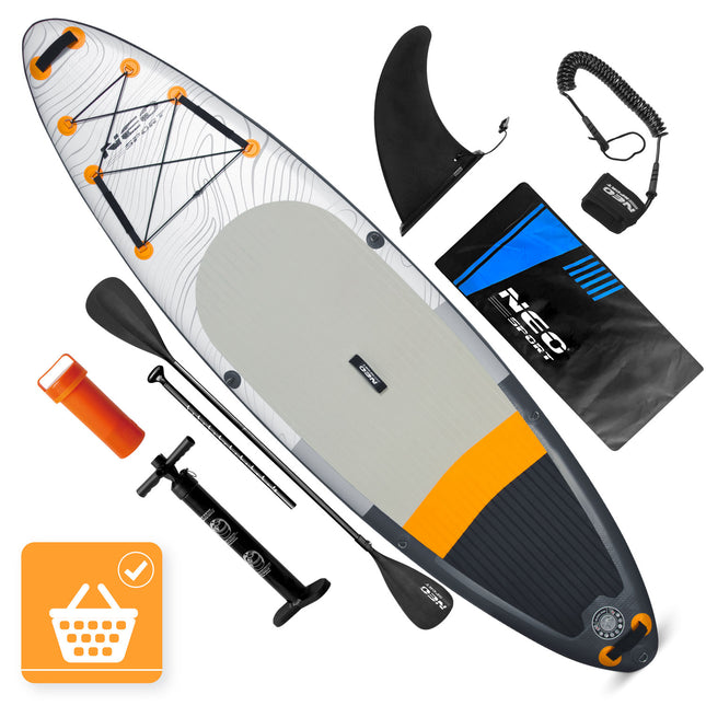 Oppusteligt SUP-board 320 x 84 x 15 cm med pagaj, pumpe, leash og rygsæk – grå/hvid
