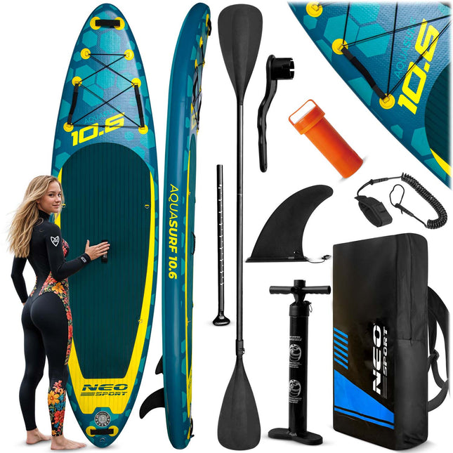 Oppusteligt SUP-board 320 x 84 x 15 cm med pagaj, pumpe, leash og rygsæk – mørkeblå/gul