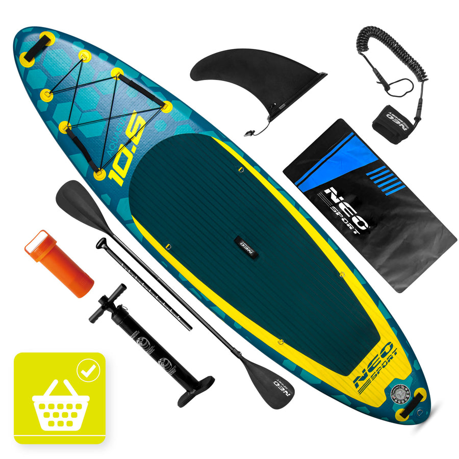 Oppusteligt SUP-board 320 x 84 x 15 cm med pagaj, pumpe, leash og rygsæk – mørkeblå/gul