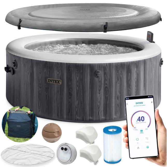 Oppusteligt spabad til 4 personer 196 x 71 cm med hydromassage, app-styring og LED-lys – Intex