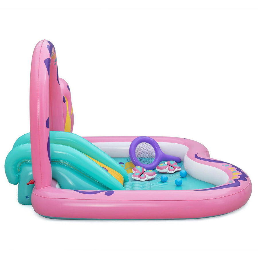 Oppustelig vandlegeplads med sommerfugleform, rutsjebane og sprinkler, 180 x 180 x 117 cm – Bestway