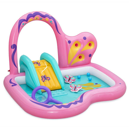 Oppustelig vandlegeplads med sommerfugleform, rutsjebane og sprinkler, 180 x 180 x 117 cm – Bestway