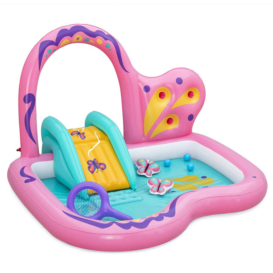 Oppustelig vandlegeplads med sommerfugleform, rutsjebane og sprinkler, 180 x 180 x 117 cm – Bestway