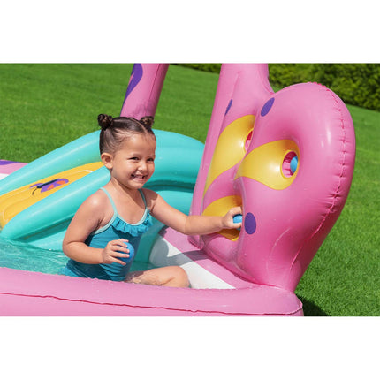 Oppustelig vandlegeplads med sommerfugleform, rutsjebane og sprinkler, 180 x 180 x 117 cm – Bestway