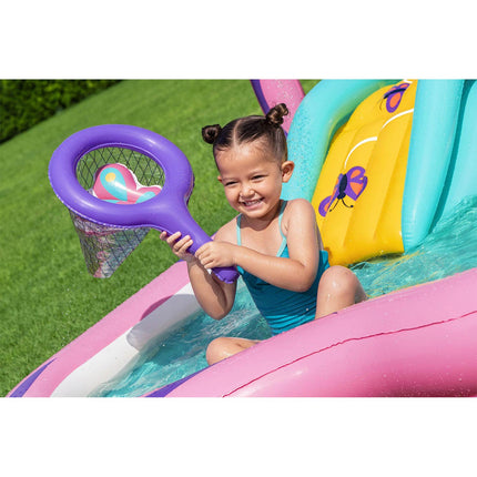 Oppustelig vandlegeplads med sommerfugleform, rutsjebane og sprinkler, 180 x 180 x 117 cm – Bestway