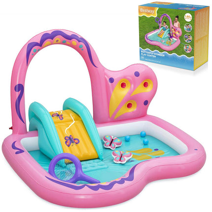 Oppustelig vandlegeplads med sommerfugleform, rutsjebane og sprinkler, 180 x 180 x 117 cm – Bestway