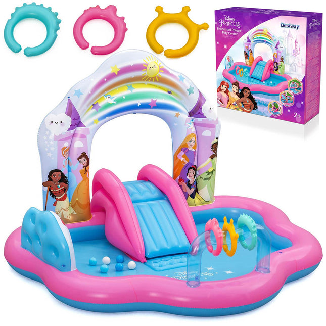 Oppustelig vandlegeplads med Disney Prinsesser, rutsjebane og blød bund, 221 x 193 x 140 cm – Bestway