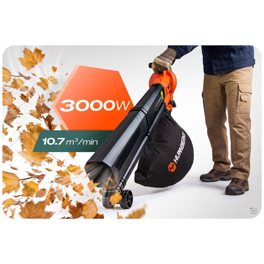 Elektrisk løvblæser og løvsuger 3-i-1 3000 W med neddeler, 40 l pose og skulderrem – orange
