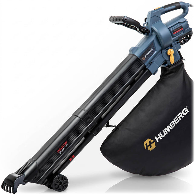 Elektrisk løvblæser og løvsuger 4-i-1 3800 W med neddeler, rive, 45 l pose og skulderrem – blå