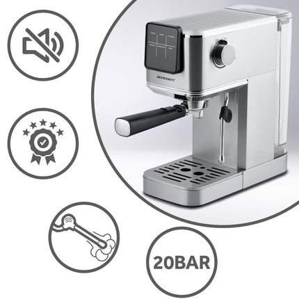 Espressomaskine med 20 bar tryk og mælkeskummer til hjemmebaristaer