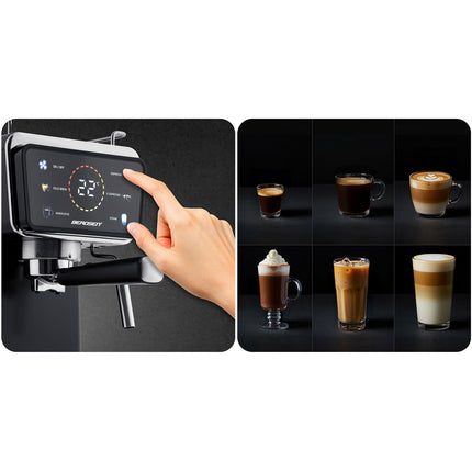 Espressomaskine med 20 bar tryk og mælkeskummer til hjemmebaristaer