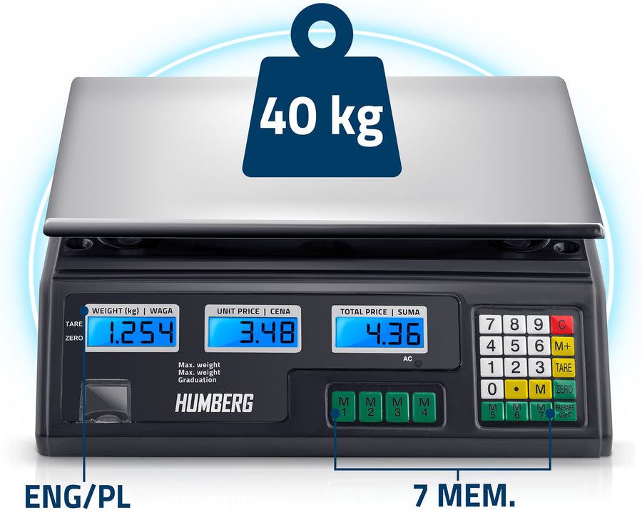 Elektronisk vægt til butik - 40 kg med baggrundsbelyst LCD-skærm og præcision