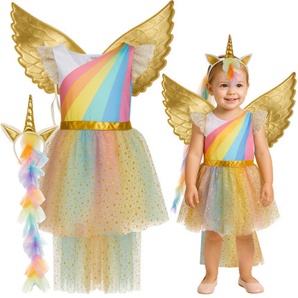 Unicorn kostume til børn med kjole, vinger og hovedbånd