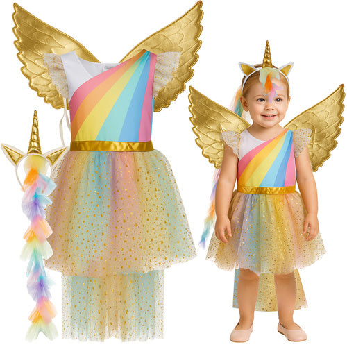 Unicorn kostume til børn med kjole, vinger og hovedbånd