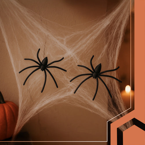 Kunstig edderkoppespind med 2 edderkopper til Halloween
