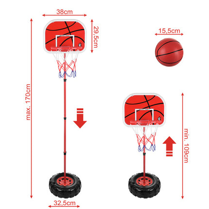 Højdejusterbar basketkurv 109-170cm med bold og pumpe