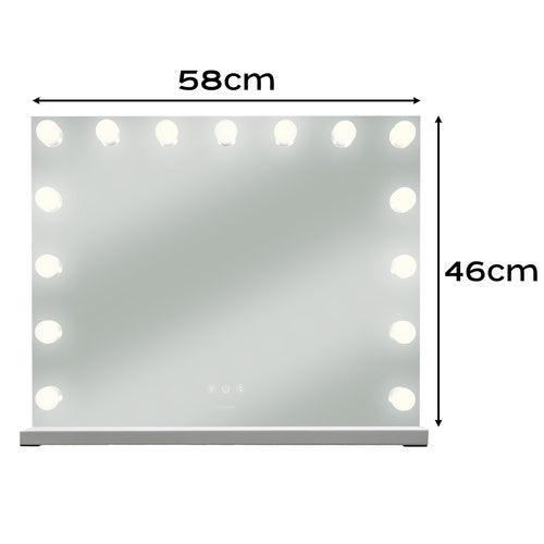 Makeupspejl med lys 58x46 cm og 15 LED-pærer – sminkespejl med touch-dæmpning og 3 lysfarver