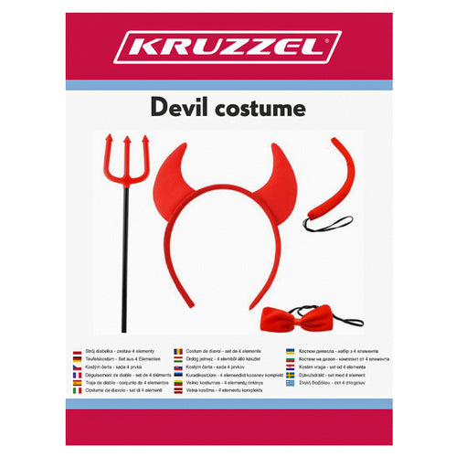 Devil Kostume Sæt - 4 Dele med Horn, Hale, Sløjfe og Gaffel