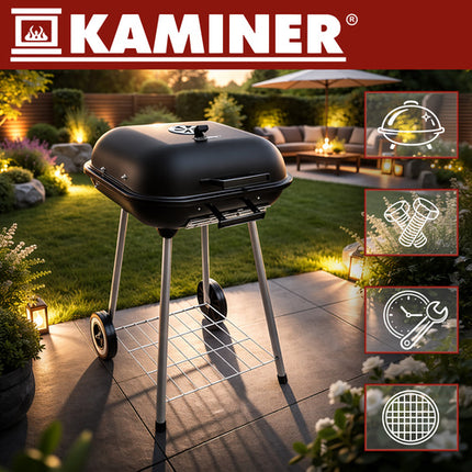 Kulgrill med låg og hjul 53x77x46cm - transportabel havegrill
