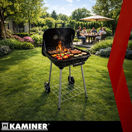 Kulgrill med låg og hjul 53x77x46cm - transportabel havegrill