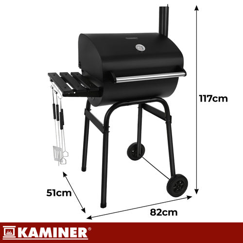 Kulgrill med låg og termometer 82x51x117 cm – dobbelt forkromet rist med udtræk, 1 mm stål, røgning