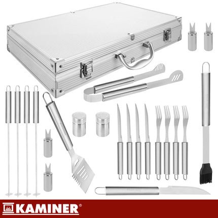Grill-tilbehørssæt med 26 dele i aluminiumskuffert